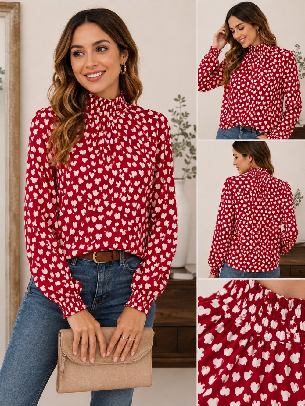 Main Strip Red Heart-Print Mock Neck Blouse